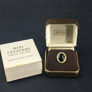 Vintage Avon Gold Tone Oval Black Tie Tack Clutch Pin Jewelry Original Box 1971 - Picture 1 of 9