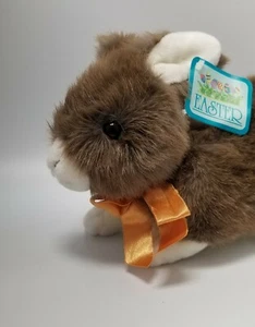 Easter Bunny plush stuffed animal rabbit brown white laying down gold bow 12" - Picture 1 of 12