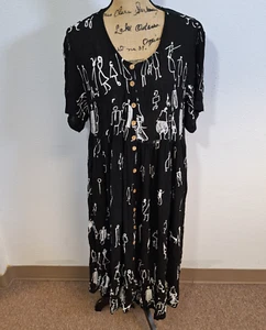 90er Jasmin KVM Rayon Sommerkleid Knopfleiste Strichmännchen Figuren schwarz Damen L Sommer - Bild 1 von 10