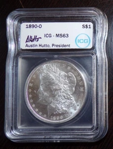 1890-O Morgan Silver Dollar- MS 63 ICG-sign by ICG president Austin Hutto - Picture 1 of 2