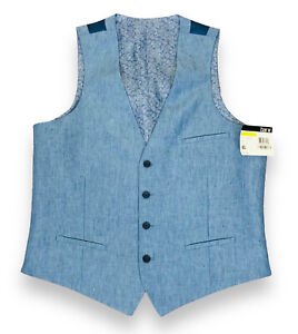 Bar III Men's Slim-Fit 4-Button Suit Vest Size Medium Blue Linen Sleeveless