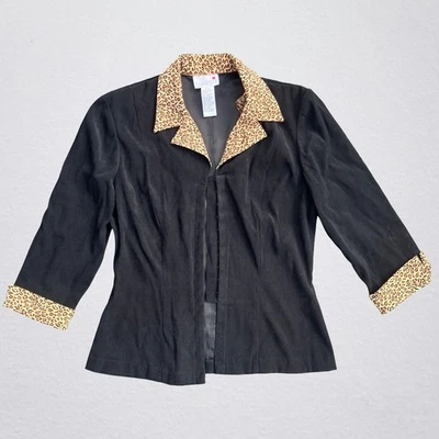 Black blazer with leopard print trim 3/4 sleeves bohemian chic office - Image 1 of 4