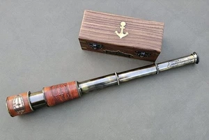 Telescopio Marino Náutico Antiguo Latón Sólido Cuero Pirata Espía Caja de Madera - Imagen 1 de 11
