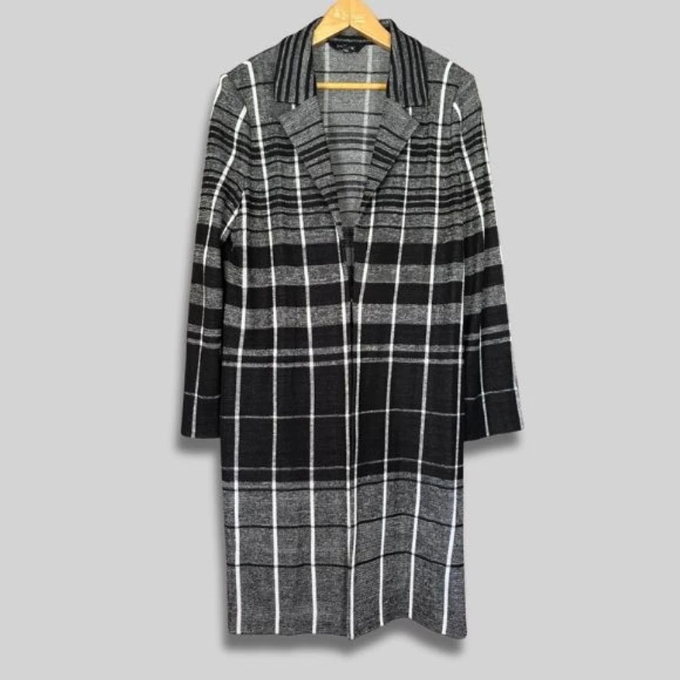 Gabardina tejida Misook longitud midi frente abierto palangre a cuadros negro/gris con M Foto 1 de 4