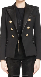 Authentic Balmain Black Double Breasted Blazer With Leather Collar - Size 38 - Picture 1 of 5