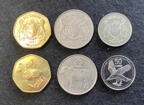 Botswana 3 Coins Set 1 Pula, 25 Thebe, and 50 Thebe World Coins Cover