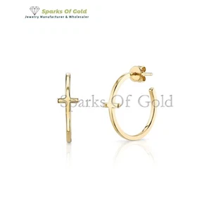14k Solid Yellow Gold Cross Hoop Earrings Fine Jewelry Christmas Gift For Wife - Picture 1 of 4