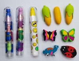 Bensia Rocket Erasers & Eraser Pencil Topper Lot - Teddy Bears Butterflies 