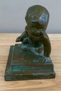 Vintage Brass Bronze Washed Metal Crawling Baby Bookend - Picture 1 of 4