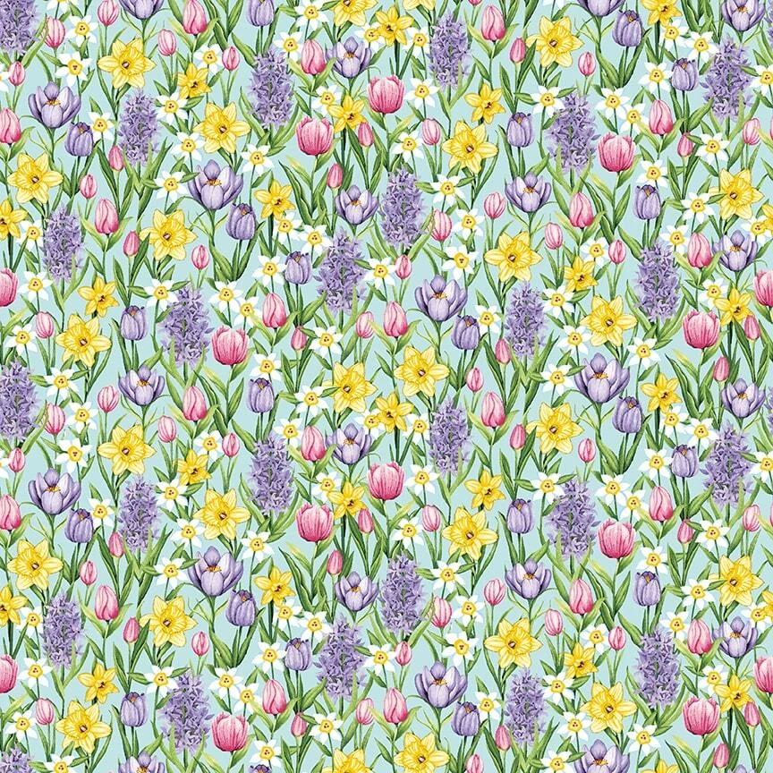 Easter Fabric | Hoppy Spring Flower Allover Blue | Henry Glass YARD - Image 1 of 1