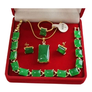 Green Jade 18K Gold Plated Pendant Necklace Bracelet Earrings Ring Jewelry Sets - Picture 1 of 3