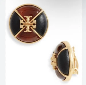 Tory Burch Kira Goldtone, Resin & Leather Logo Clip on Earrings - Picture 1 of 7