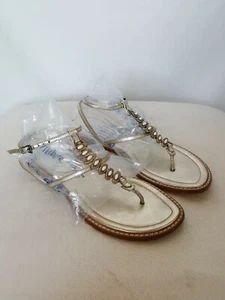 Nina Gold Color Strappy Sandals Beads Gold Rhinestones Ankle Strap & Buckle (F - Picture 1 of 10
