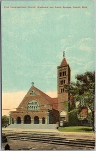 1910s DETROIT Michigan Postcard "First Congregational Church" Street View UNUSED - Picture 1 of 2