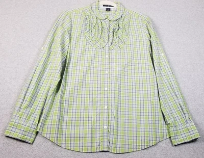 Camisa feminina GAP com botões 12 verde rosa azul xadrez manga longa babado frontal - Imagem 1 de 4