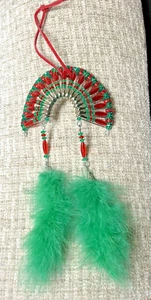 Native American Beaded Indian Headdress w/ Feathers Hand Made Red and Green - Picture 1 of 7