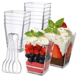 5 oz Plastic Dessert Cups with Spoons 50 Pack, Clear Square Mini Dessert Cups - Picture 1 of 6