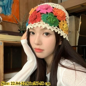 Femme Tricot Bonnet Creux Fleur Chapeau Hand-Crocheted Ethnique Casquette - Bild 1 von 11