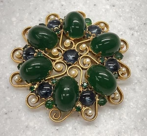 Juliana D&E Blue Green Pearl Cabochon Filigree Brooch Vintage Estate Jewelry - Picture 1 of 6