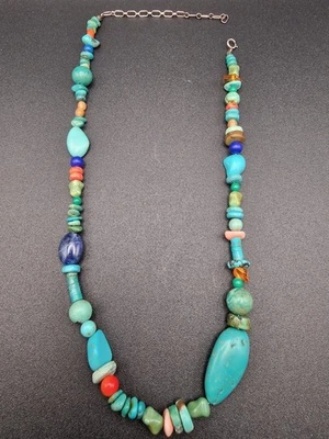 Turquoise Necklace Amber Lapis Lazuli Coral Bead Gem 925 Silver - Image 1 of 2