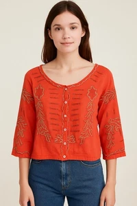Free People XS orange bestickt Boho Bauern Top Knopfleiste 3/4 Arm Shirt - Bild 1 von 4
