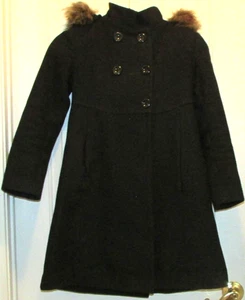 Rothschild Girls 10 Black Wool Long Coat with Faux Fur Trimmed detachable Hood - Picture 1 of 11