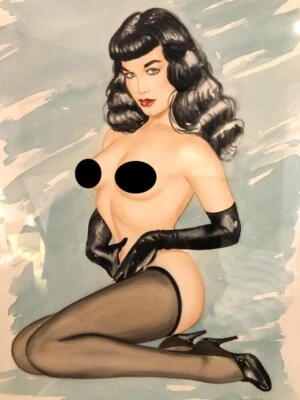 Pintura original Bettie Page Olivia De Berardini. ¡Marco original chapado en oro!  Foto 1 de 4