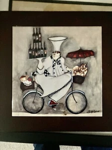 Fat Bistro Chef Kitchen Art Jennifer Garant Framed Tile Picture Hang Trivet 8x8 - Picture 1 of 3