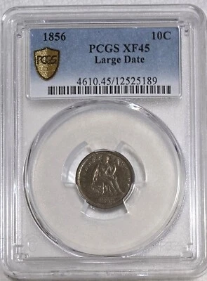 1856 Seated Liberty DIME 10¢, Large Date, PCGS XF45, Gold Shield, Toning! - Image 1 of 4
