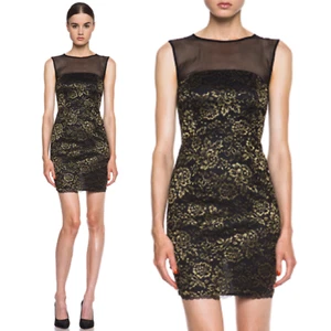 DIANE VON FURSTENBERG 12 Black Gold Lace Silk Mini Cocktail Dress NWT - Picture 1 of 10