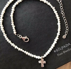 Silpada 925 Sterling Silver Cross Pendant Pearl Bead Necklace N2178 Gorgeous - Picture 1 of 7