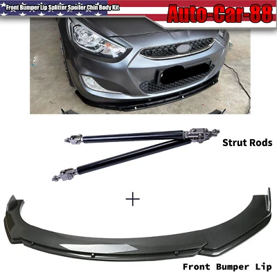 For Hyundai Accent Front Bumper Lip Splitter Spoiler Carbon Fiber + Strut Rods - Image 1 of 4