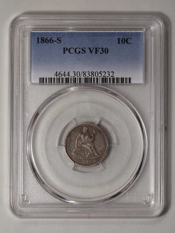 1866-S 10C Liberty Seated Dime PCGS VF30 Cover