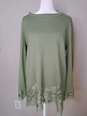 Nuevo con etiquetas Blusa Suéter Túnica Suave Encaje Verde Borde Boho Largo Slv M  Foto 1 de 4