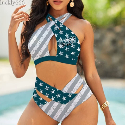 Philadelphia Eagles Women's Sexy Bikini High Waist Swimsuit Beach Swimwear 2PCS Cover