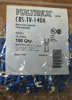 Terminal de horquilla de bloque Voltrex CBS-TV-1406, pala/horquilla, #6, crimpado, azul (100) - NUEVO Foto 1 de 2