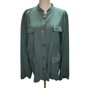 Vintage Dana Buchman Silk Jacket Green Womens XL Safari Luxury Pockets Buttons - Picture 1 of 21