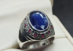 Natürlicher 7 kt königsblauer Saphir Sterlingsilber 925 Handarbeit Neelam Herrenring - Bild 1 von 12