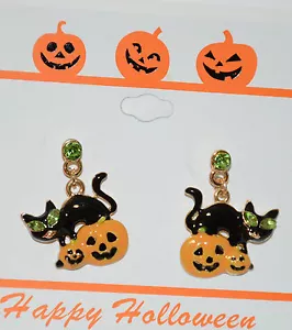 Orecchini pendenti gatto nero con Halloween Jack O' Lantern zucche palo tono oro - Foto 1 di 1