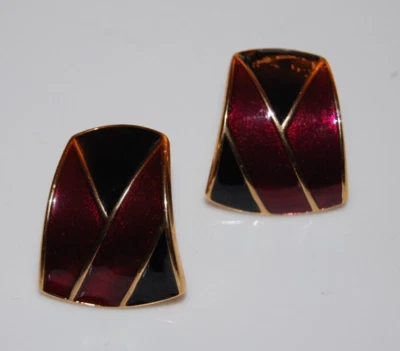 ЭЛЕГАНТНЫЙ ВИНТАЖНЫЙ 80-Х ANNE KLEIN COUTURE ЧЕРНЫЙ И БОРДОВЫЙ ЭМАЛИ ЗОЛОТОЙ POST СЕРЬГИ - Изображение 1 из 4