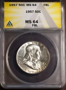 1957 50c Silver Franklin Half-dollar MS 64 FBL New ANACS # 7472072 + Bonus - Picture 1 of 2