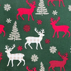 Christmas Fabric Red Tartan Reindeer Stags Green Craft Fabric Material Metre - Picture 1 of 6