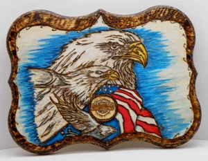 Wood Hand Burned Folk Art Plaque Biker Patriotic American Eagle Motif Signed - Picture 1 of 9