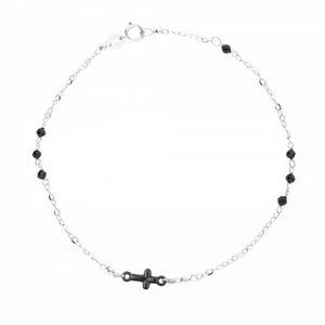 White Gold Bracelet 18 Carats with Cross Of Black Spinel Onions, Black - Picture 1 of 1