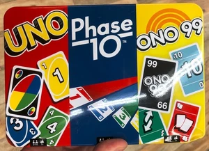 Mattel 3 Games Tin of Uno Phase 10 & ONO 99 Travel Family Games - Picture 1 of 8