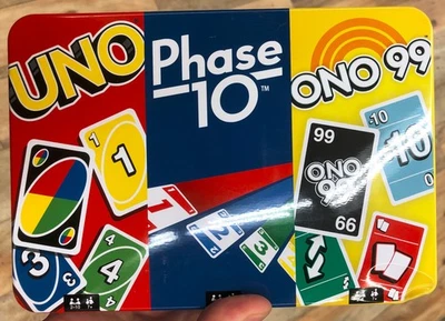 Mattel 3 Games Tin of Uno Phase 10 & ONO 99 Travel Family Games - Image 1 of 4