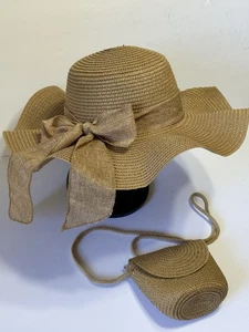 Wide Brim Floppy Bow Straw Beach Sun Hat Summer Gardening Burlap Bow Purse - Picture 1 of 7