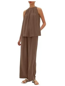 Women's Summer 2 Piece Outfits Sets Linen Loose Fit Sleeveless Tank Tops Wide - Picture 1 of 7
