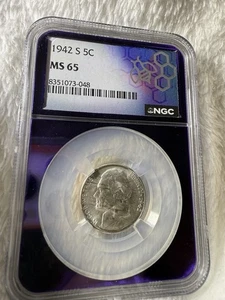 1942-S Silver Jefferson Wartime Nickel NGC MS65 TRADERBEA Purple - Picture 1 of 2