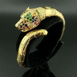 DIAMOND / EMERALD / RUBY / SAPPHIRE PANTHER CUFF BRACELET - 18K YELLOW GOLD - Picture 1 of 22